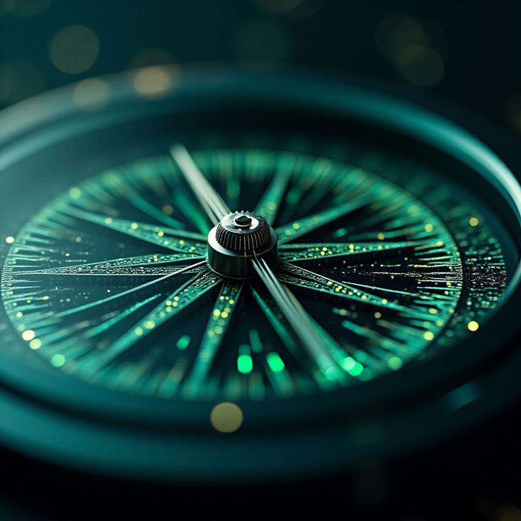 A high-tech digital compass overlaying a glowing fiber optic network grid