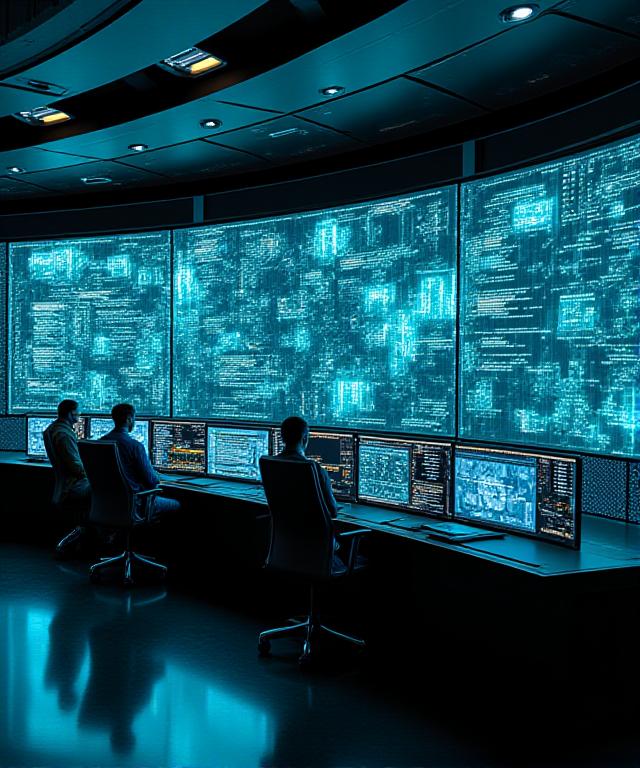Strategic network operations command center with high-tech displays