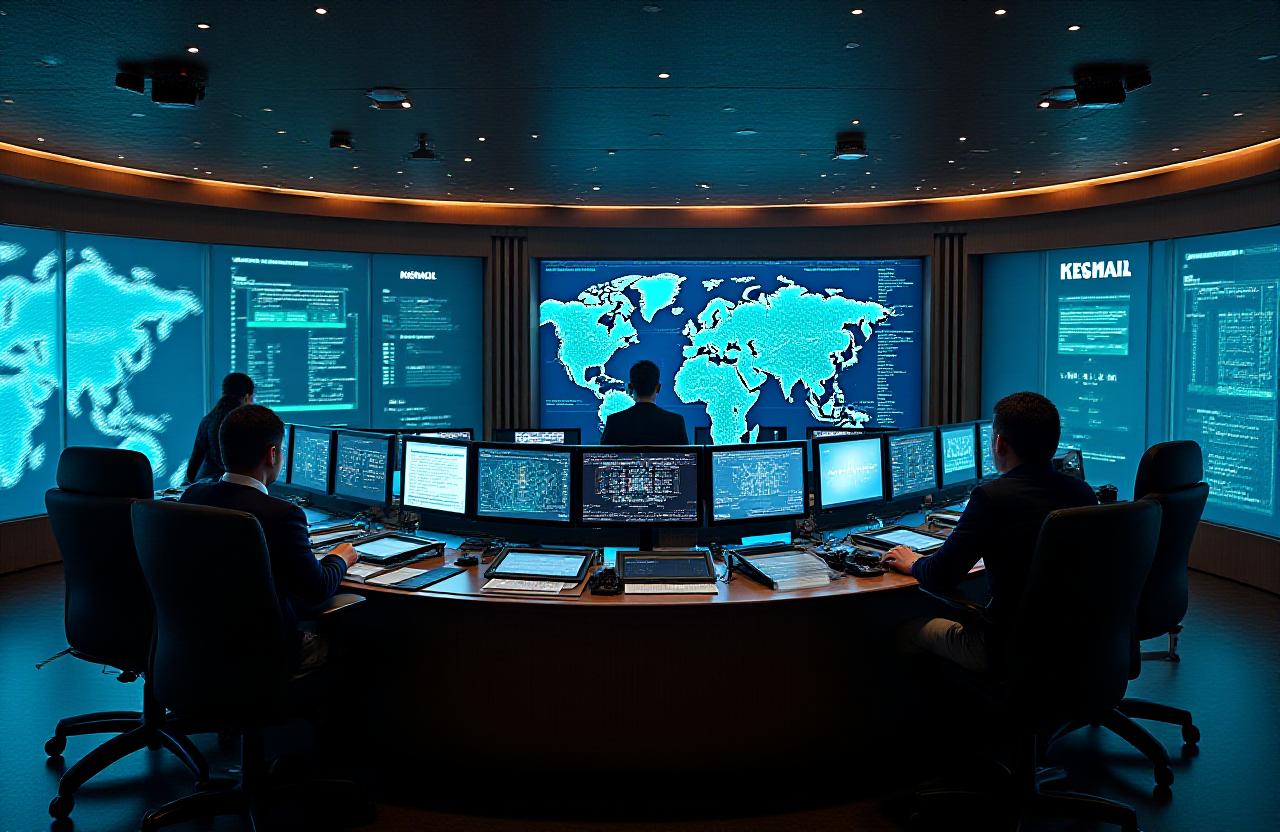 Panoramic view of a modern network command center with maritime aesthetic