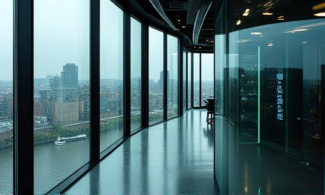 Modern UK office with glass windows and networking equipment